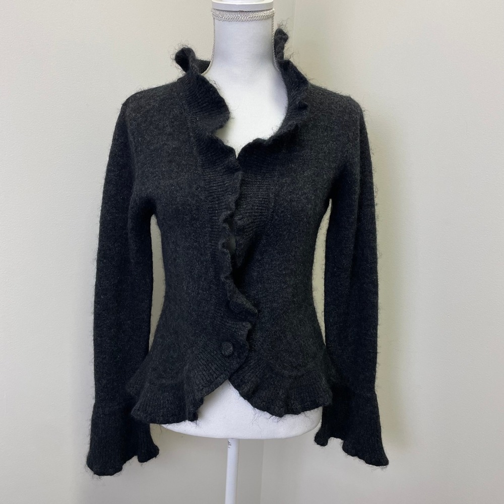Susan Bristol Charcoal Gray Ruffle Wool Blend Cardigan L Sweater Whimsigoth